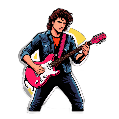 Naklejka z Jacobem Elordi grającym na gitarze elektrycznej w stylu lat 80.