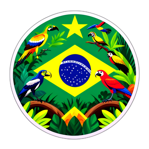 Autocollant du drapeau du Brésil entouré de la faune emblématique de la forêt amazonienne