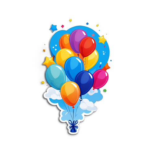 色彩繽紛的氣球在天空中漂浮，形成歡樂的派對帶