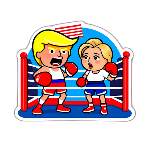 Humorystyczny sticker z Trumpem i Clinton w ringu bokserskim