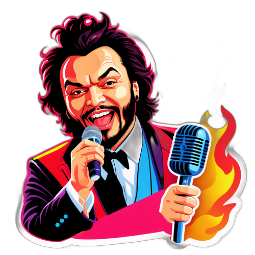 Стильная наклейка с Киркоровым в ярком костюме и микрофоном на фоне огня