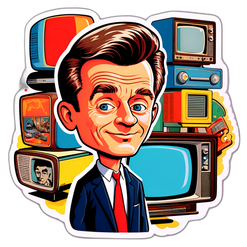 Karikatur-Porträt von Robert Lembke mit nostalgischen TV-Elementen der 1960er Jahre
