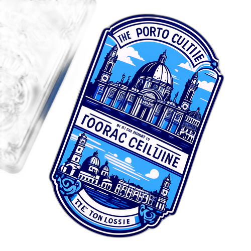 Klasyczny niebiesko-biały wzór płytek Porto z kultowymi atrakcjami i frazami o kulturze miasta