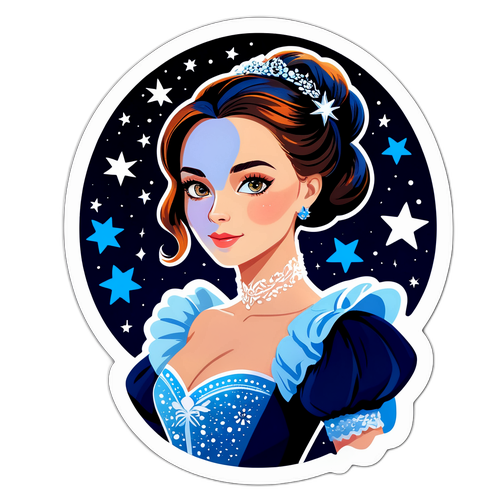Стикер с портретом Юлии Пересильд в элегантном платье на фоне звездного неба