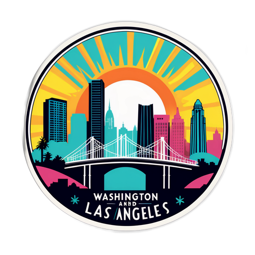 Калейдоскоп городов: Вашингтон и Лос-Анджелес с мостом и солнцем