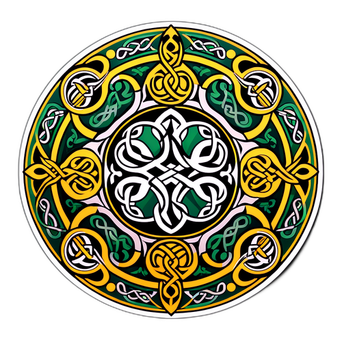 Грайливий наліпка з логотипом Сетанти у оточенні кумедних кельтських візерунків та персонажів