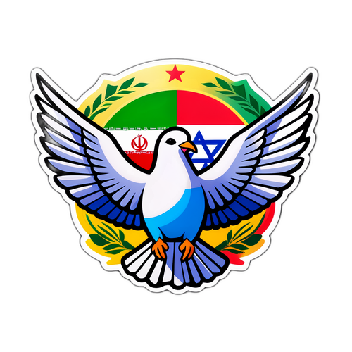 Kleurige sticker met een vredesduif en de vlaggen van Iran en Israël