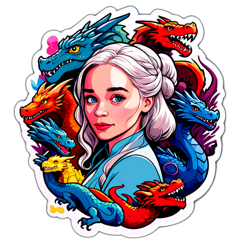 Farverig illustration af Emilia Clarke med drager