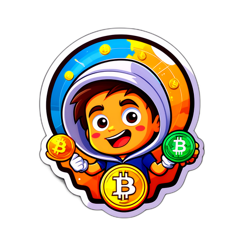 Наклейка з мультяшним персонажем, який досліджує світ криптовалют