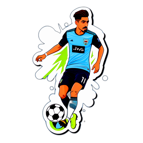 Dibujo estilizado de Manuel Lanzini en acción con un balón de fútbol
