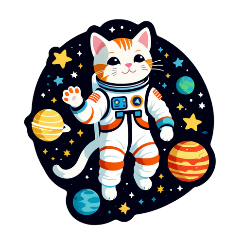 Whimsical Cat Astronaut Floating in Space