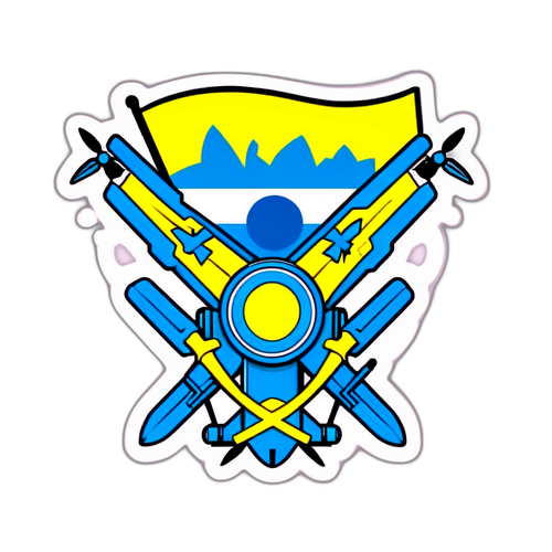 Aufkleber mit ukrainischer Flagge und Drohnen