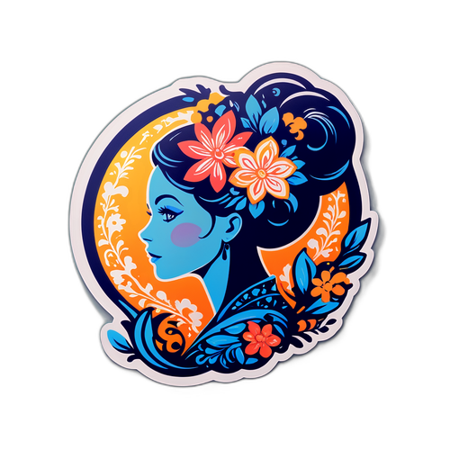 Sticker mit stilisierter Silhouette von Eva Lys, umgeben von floralen Mustern