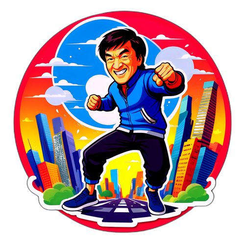 Karikatur av Jackie Chan i bylandskap