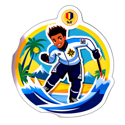 Stylizovaný samolepka Ondřeje Nepely v akci na ledě s medailí a tropickým pozadím