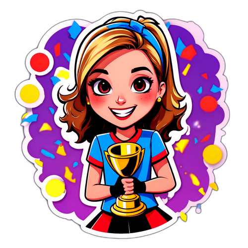 Radosny karikaturka Ashlyn Krueger na celebracji zwycięstwa z trofeum