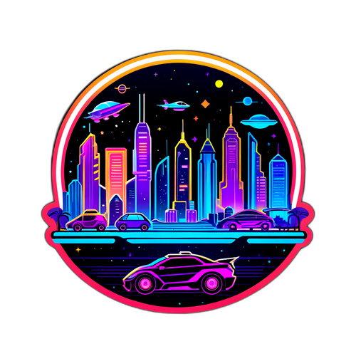 एक डिजिटल कला स्टिकर: भविष्य के शहर का आकाश