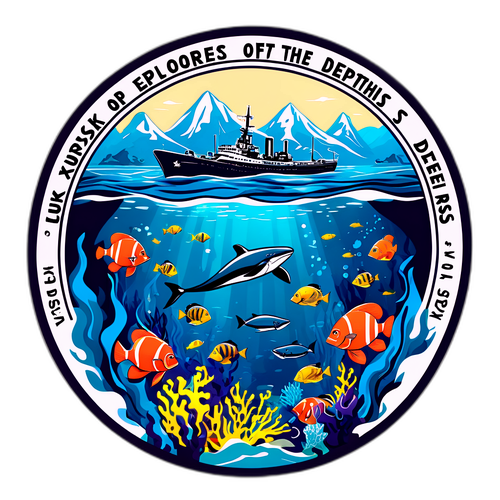 Podwodny krajobraz z napisem 'Kursk: Odkrywcy Głębin'