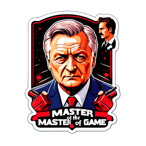 Stickers przedstawiające Bogusława Lindę w ikonicznej scenie filmowej z cytatem "Mistrz Gry"