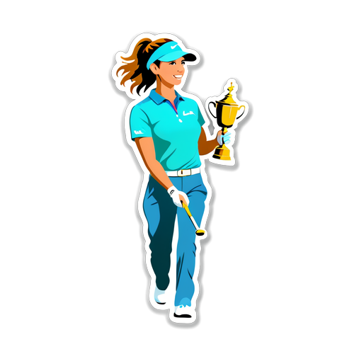 นักกอล์ฟ LPGA ถือถ้วยรางวัลหลังจากชนะการแข่งขัน