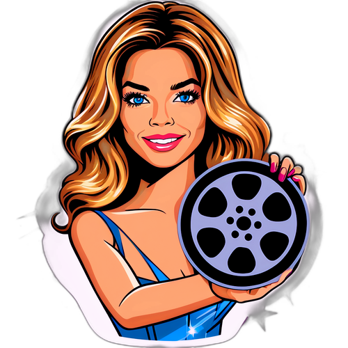 Denise Richards elokuvatähden roolissa filmikela kädessään