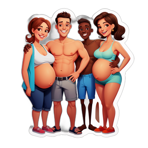 Grappige cartoon van een blije zwangere man met vrienden