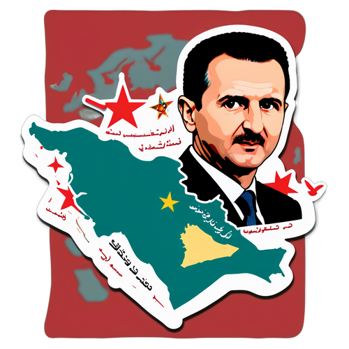 Sticker van Bashar al-Assad met wereldkaart en symbolen van Syrië