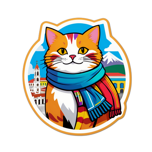 Pegatina de un gato con bufanda colorida representando a la Universidad Católica, con fondo de la ciudad de Quito