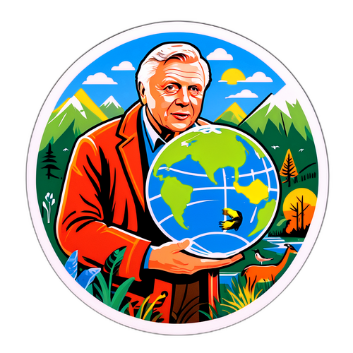 Vintage-stil klistremerke av David Attenborough med globus
