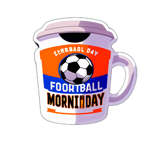 Sticker de una taza de café con un balón de fútbol, representando el día del partido, con el texto 'Football Morning'