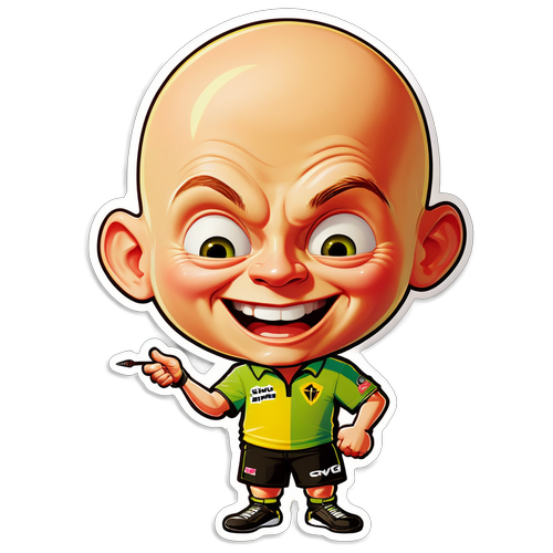 Sticker van Van Gerwen met een dart en een glimlachend gezicht