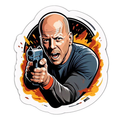 T-paita tarra Bruce Willisin jännittävässä toimintakohtauksessa