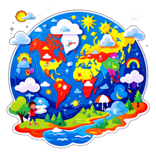 Ilustrasi Ceria Kanak-kanak dengan Peta Cuaca Berwarna-warni