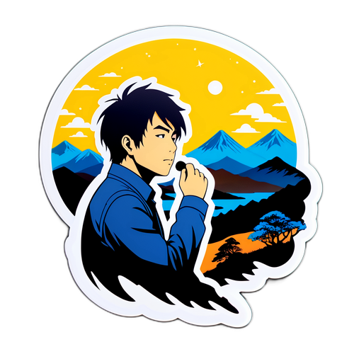 美しい自然の風景と中村雅哉のシルエットのステッカー