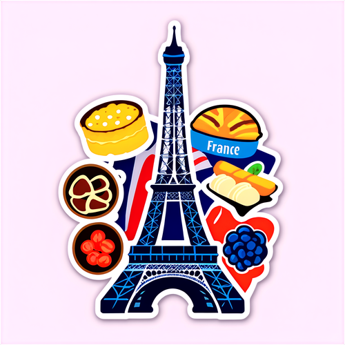 Een visueel aantrekkelijke sticker van Frankrijk met iconische Franse gerechten en de Eiffeltoren