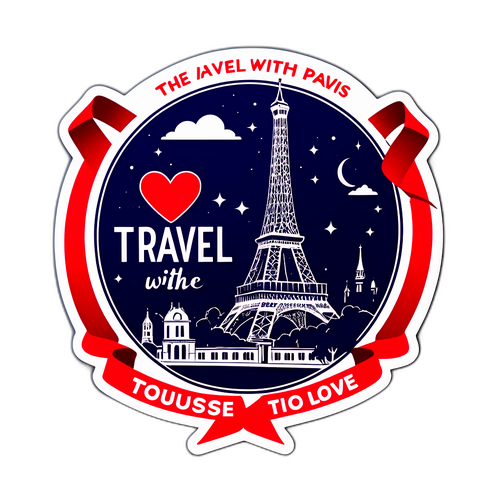 Стикер с силуэтом Парижа и Тулузы, соединённых яркой лентой с надписью "Путешествуй с любовью"