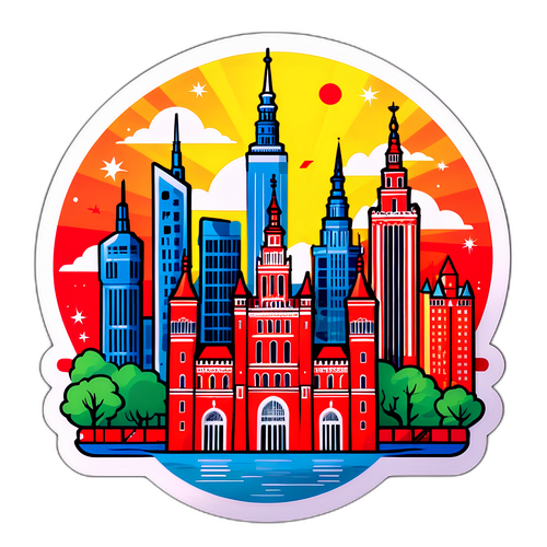 Wesoła naklejka z panoramą Warszawy