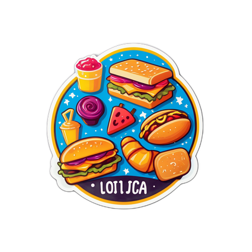 Kreativní samolepka s místním festivalem zaměřeným na jídlo, hudbu a tanec