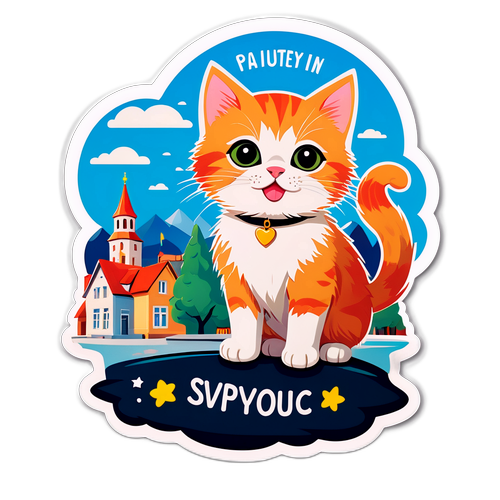 Наклейка с милым котёнком на фоне Урюпинска