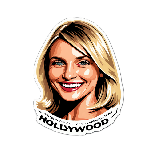 Funkelnder Aufkleber von Cameron Diaz mit winkingem Lächeln und dem Text 'Hollywood'