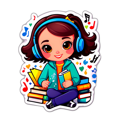 Un personaggio carino e stravagante di Laura Ann Tull con libri e note musicali