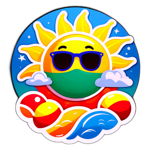 Matahari Lucu dengan Kacamata dan Bola Pantai