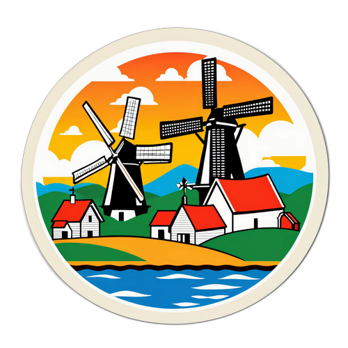 Stiker z Kowalskim w holenderskim pejzażu