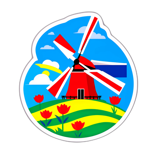 Värikäs Hollannin lippu tuulettimilla ja tulppaaneilla