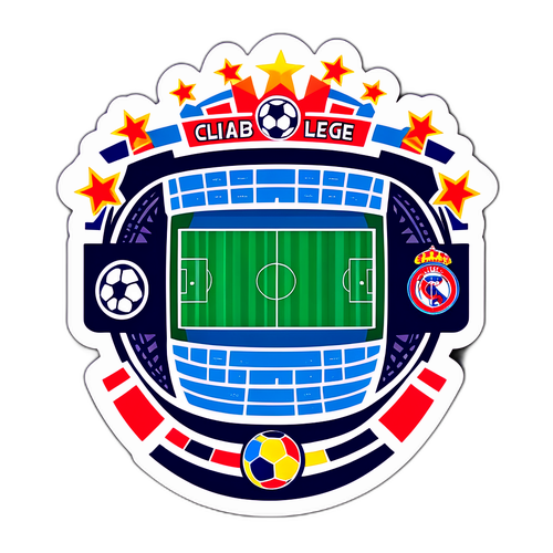 Σχέδιο που απεικονίζει ένα στάδιο με φιλάθλους και έμβλημα των ομάδων που συμμετέχουν στο Champions League