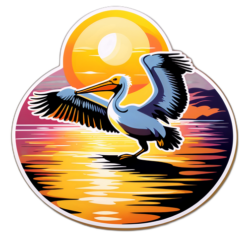 美麗的日出場景：飛翔的鵜鶘與日輪