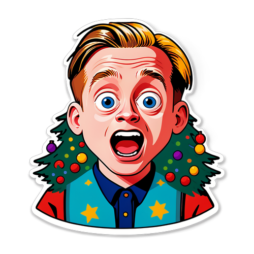 Un'illustrazione giocosa di Macaulay Culkin con un tema festivo di "Mamma ho perso l'aereo"