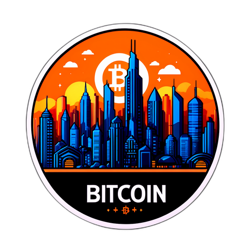 מדבקת ביטקוין עם רקע עירוני futurיסטי