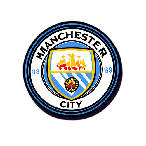Logo Manchester City cu fundal de stadion modern