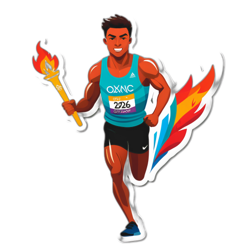 הוא רץ בתחרות אתלטיקה, עם שרירים מוגדרים, ומאחורי לפיד אולימפי תוסס שמסמל את אולימפיאדת החורף 2026